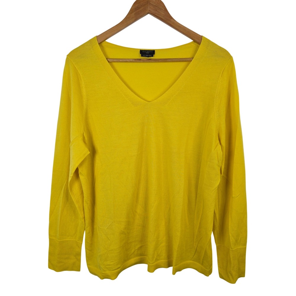 Talbots Woman Yellow 100% Merino Wool V-Neck Pullover Sweater Size XL Office